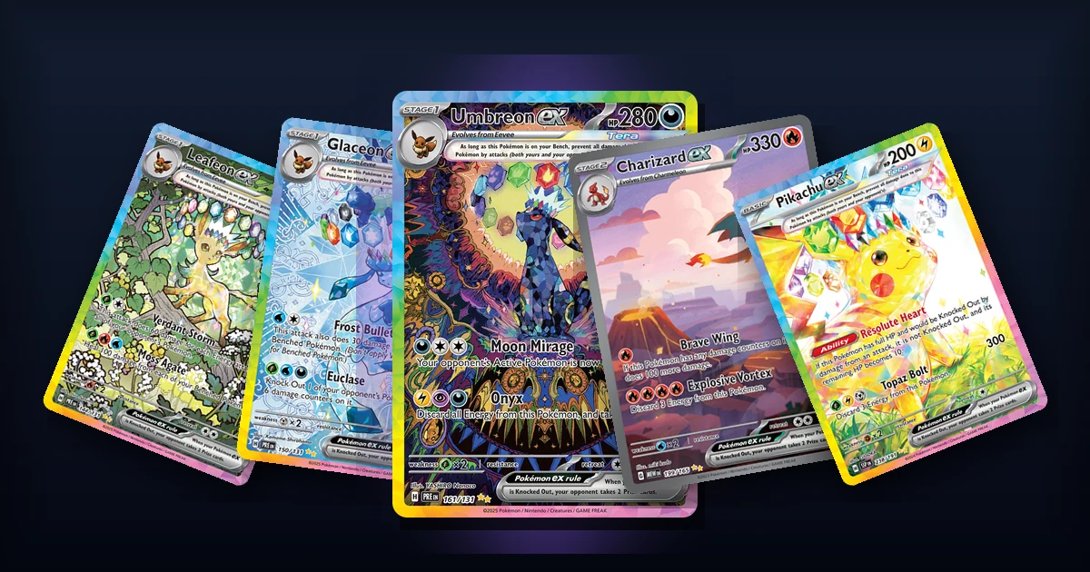 Pull de cartas SIR de Prismatic Evolutions, 151 y Surging Sparks desplegadas en abanico