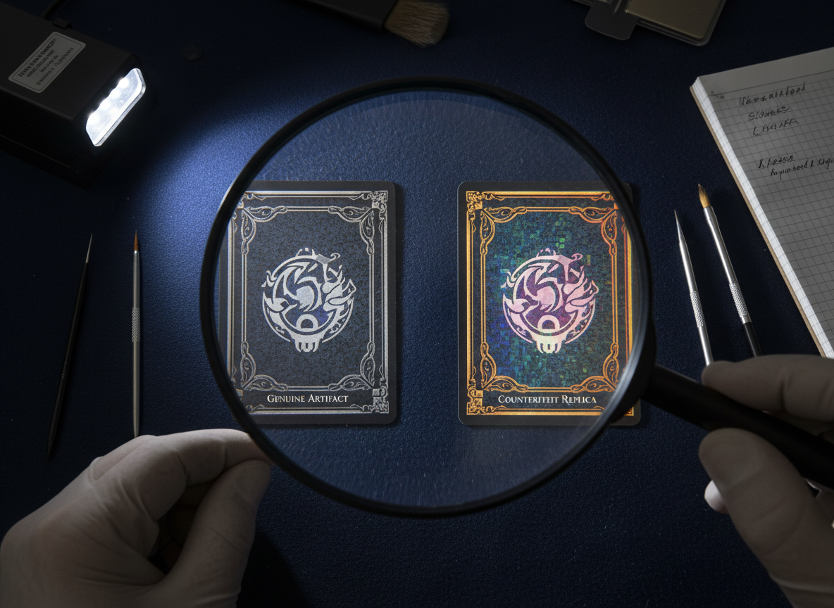 Comparación forense entre dos cartas Pokémon doradas similares bajo lupa para detectar la falsa