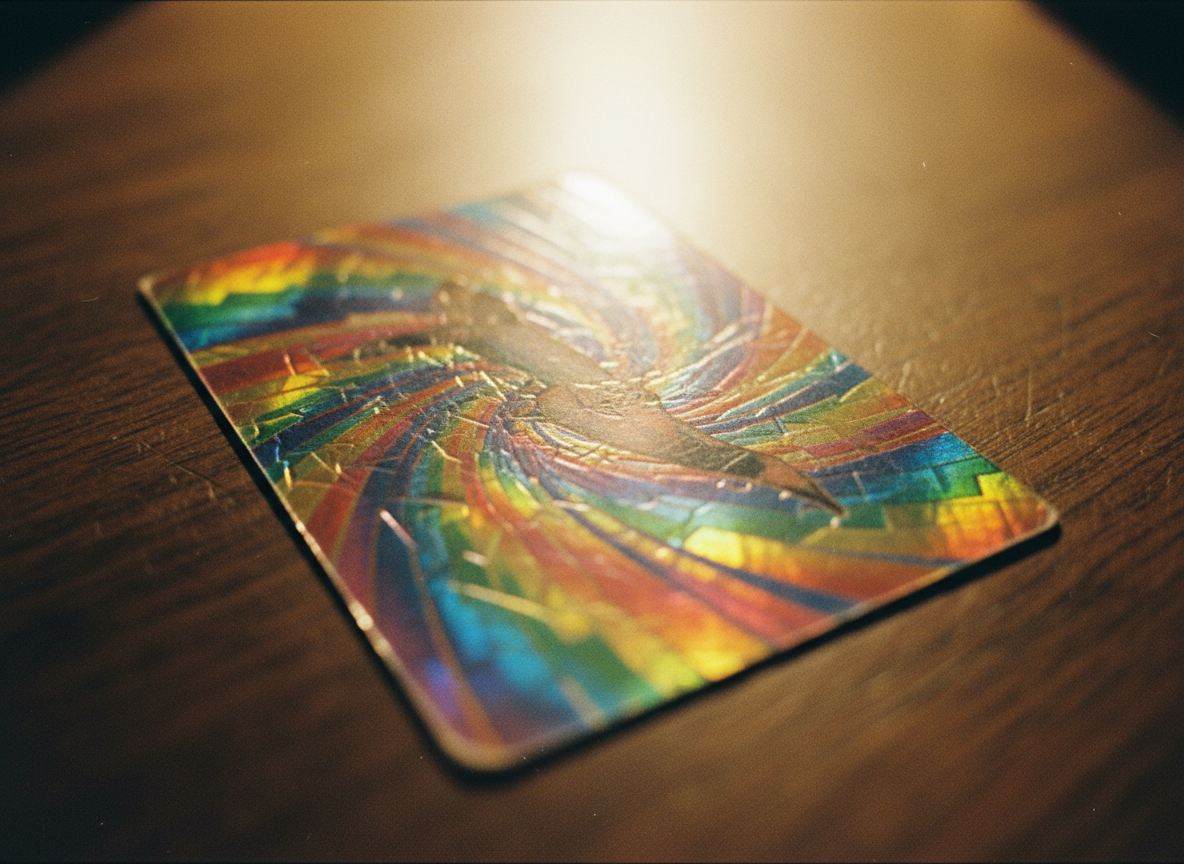 Carta vintage holográfica de los años 90 mostrando el efecto rainbow holo característico