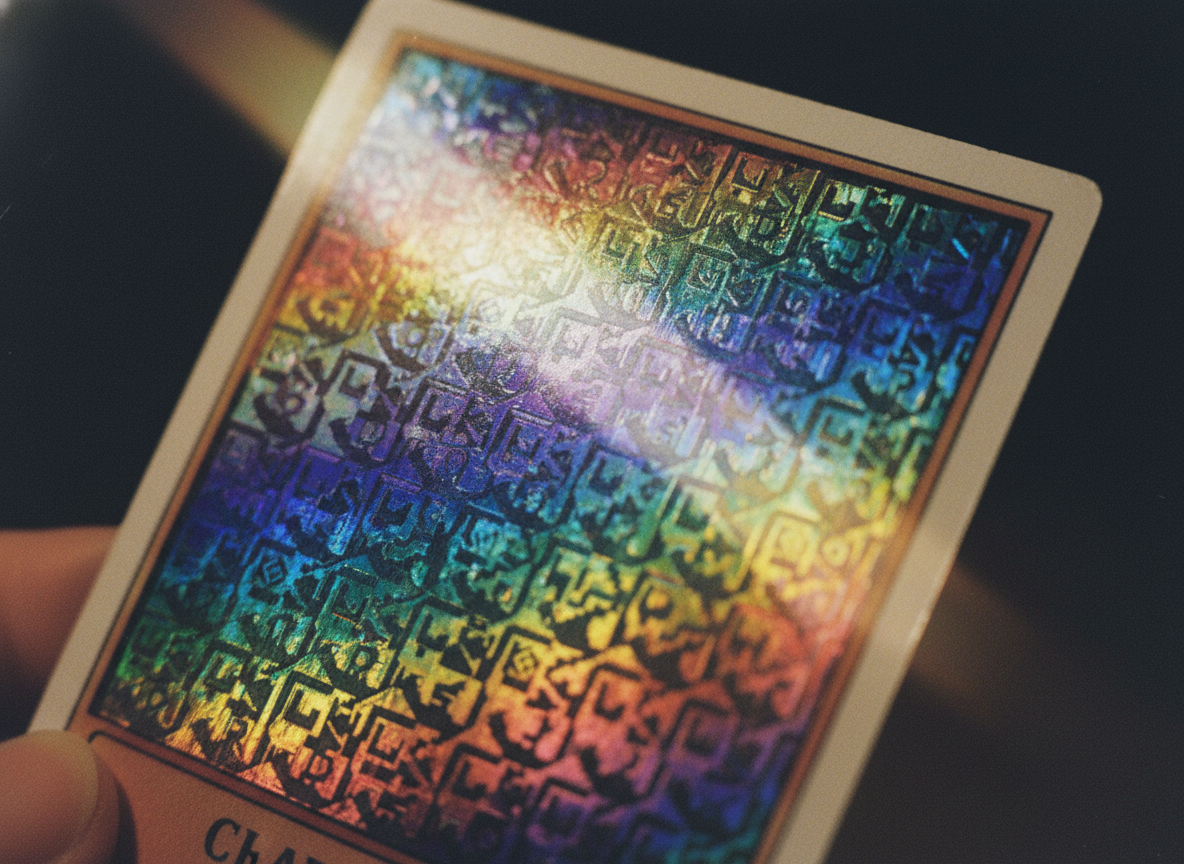 Carta holográfica vintage Pokémon TCG mostrando el efecto rainbow holo bajo luz dramática
