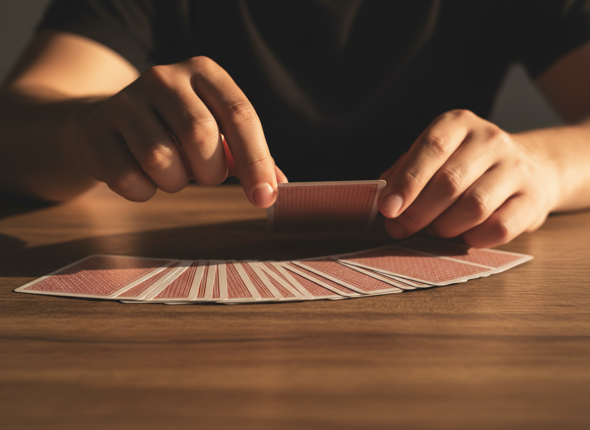 Manos seleccionando una carta de un abanico desplegado sobre la mesa