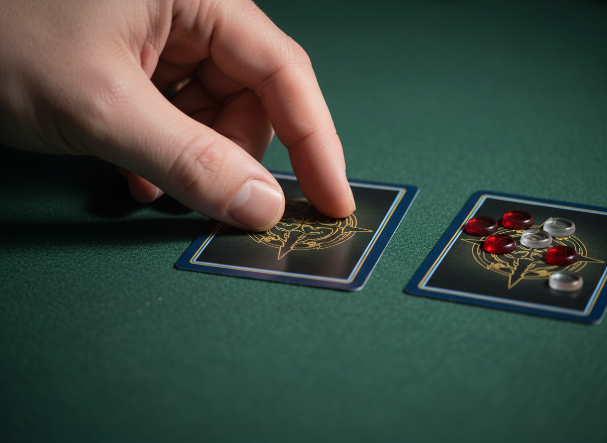 Mano colocando una carta sobre un tapete de juego con contadores de daño visibles