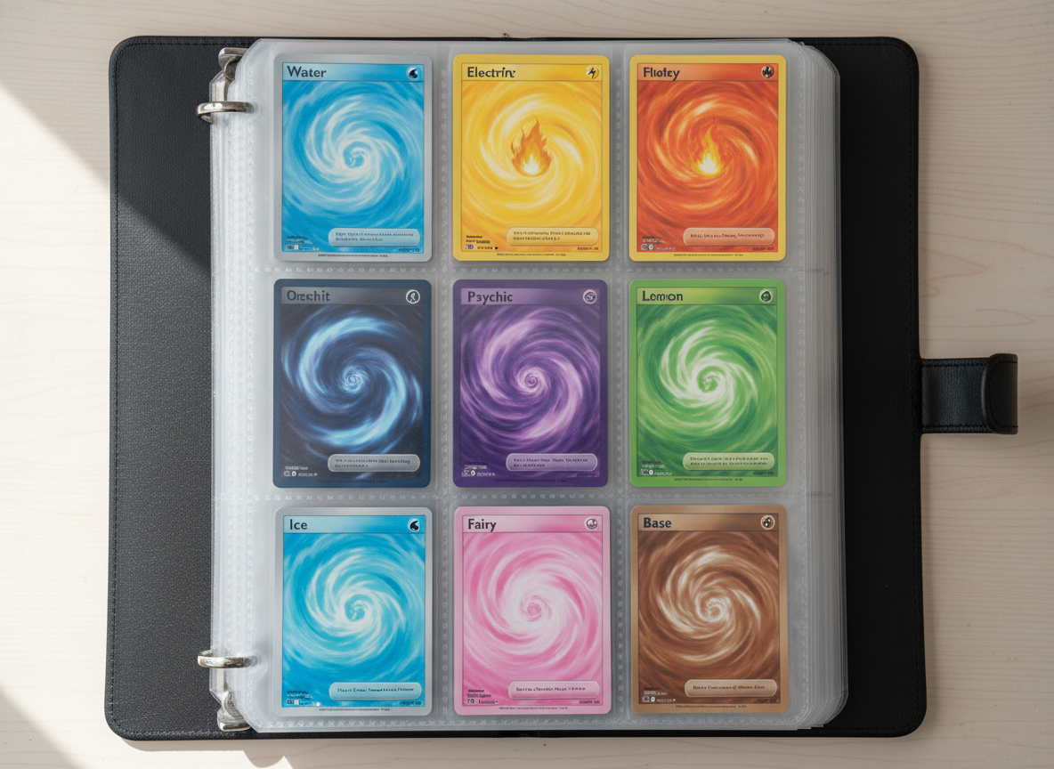Página de álbum mostrando 9 cartas Pokémon de cada Eeveelution con colores característicos