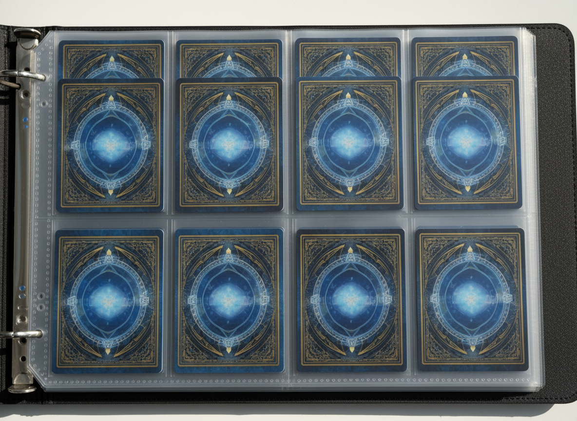 Página de álbum Pokémon con 9 cartas en fundas dispuestas en grid 3x3