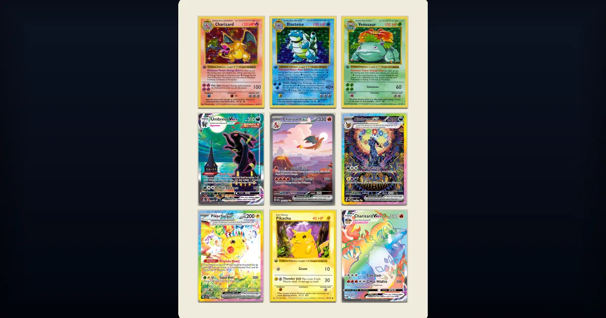 Página de álbum Pokémon con 9 cartas en fundas dispuestas en grid 3x3