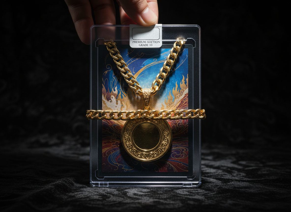 Slab gradeada de carta Pokémon premium con cadena de oro como colgante