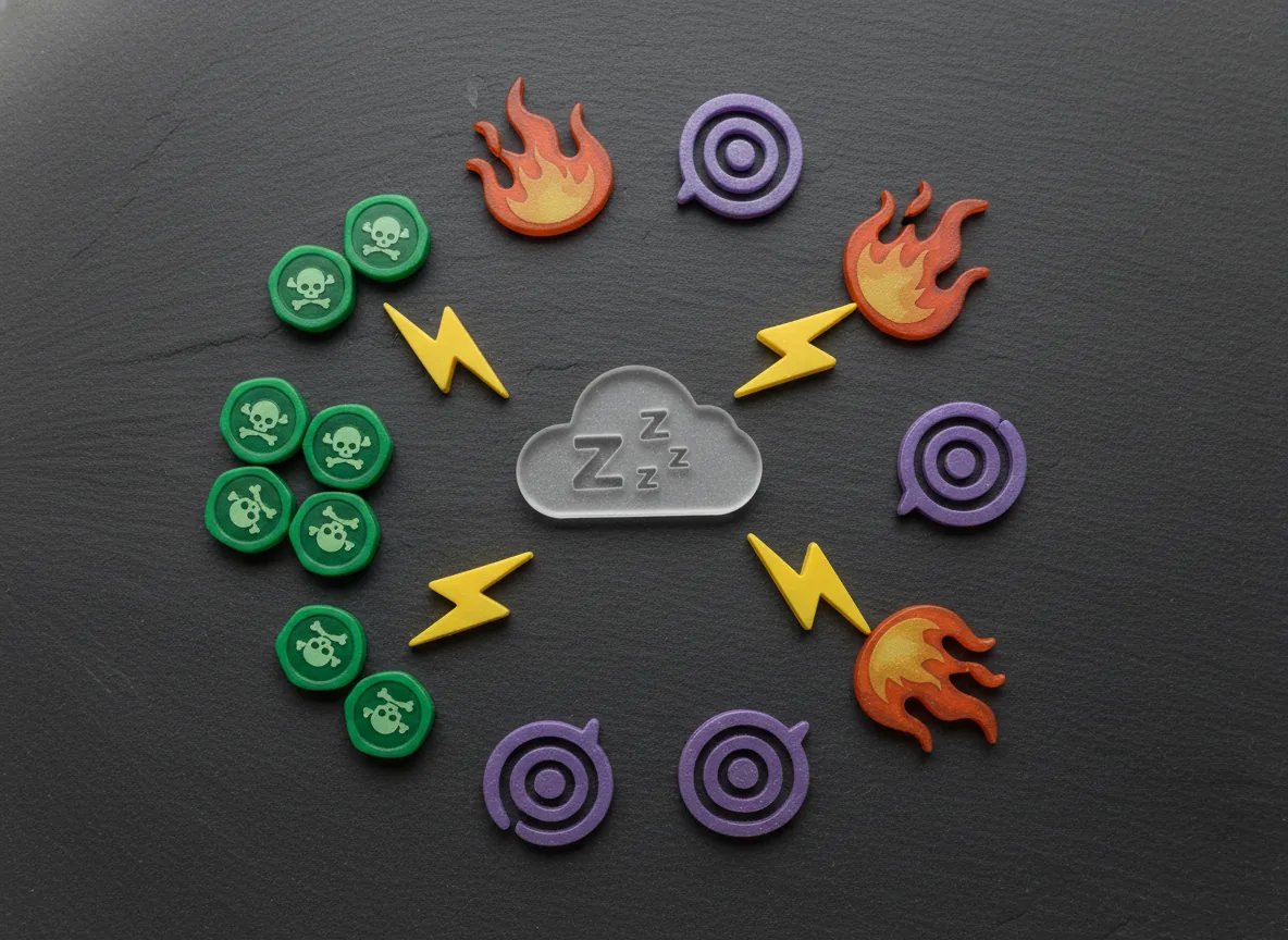 Tokens y marcadores de estados especiales en Pokémon TCG dispuestos en una superficie oscura