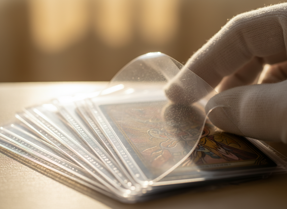 Mano colocando una carta dentro de una funda protectora bajo luz natural
